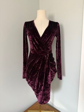 Revamped Velvet Wrap Mini Dress in Deep Burgundy